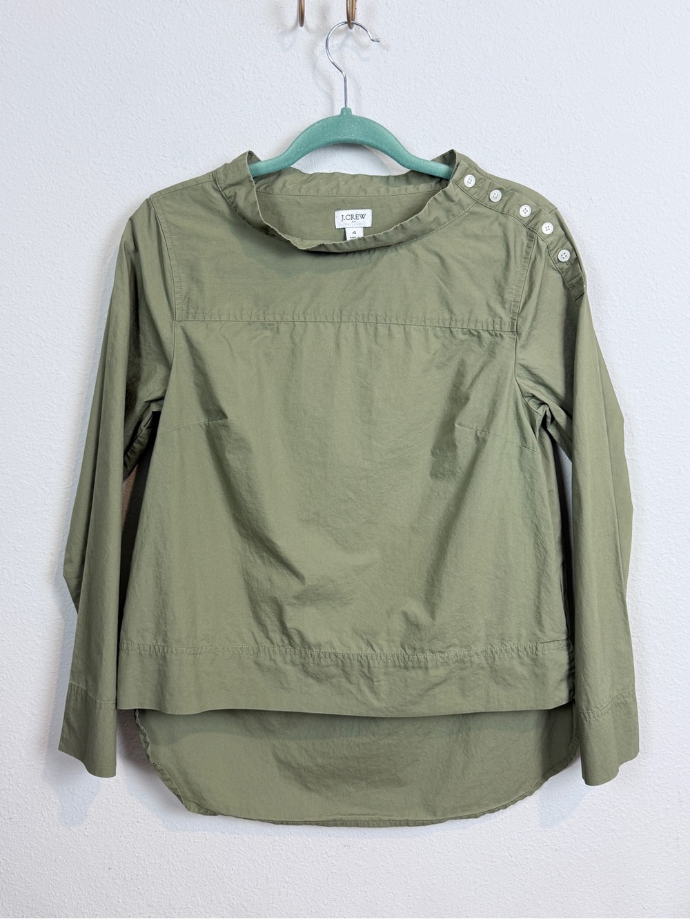 J. Crew Factory Olive Green Button-Shoulder Long Sleeve Hi-Lo Blouse 4